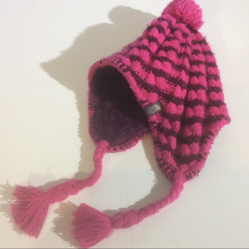 The North Face Pink Knit Stripe Hat Earflaps Pom Pom Chin Strap Tie